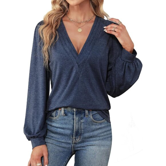 Tops - Womens V Neck Long Sleeve Tops Dressy Casual Fall Shirts Puff Sleeve Tunic